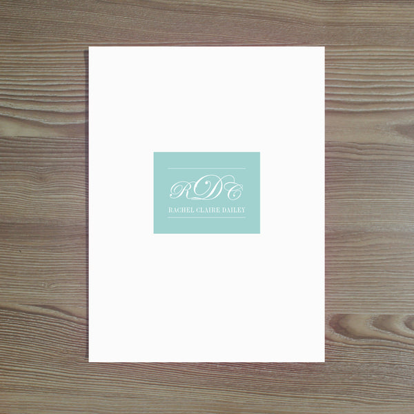Monogram Block folder sticker shown in Pool on White pocket folder
