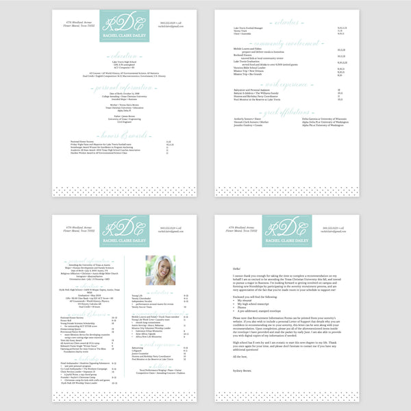 From top left (clockwise) 1st page of multi-page resume, 2nd page of multi-page resume, Single-page resume, Cover letter
