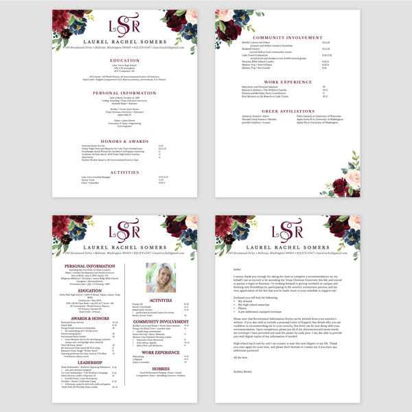 From top left (clockwise) 1st page of multi-page resume, 2nd page of multi-page resume, Single-page resume, Cover letter