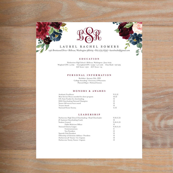Moody Garden social resume letterhead with full formatting shown in Wine