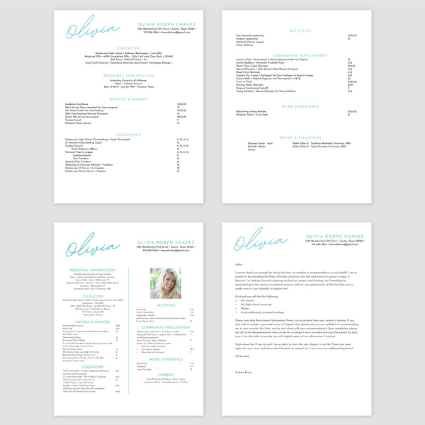 From top left (clockwise) 1st page of multi-page resume, 2nd page of multi-page resume, Single-page resume, Cover letter