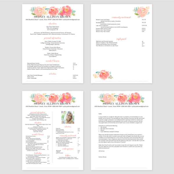 From top left (clockwise) 1st page of multi-page resume, 2nd page of multi-page resume, Single-page resume, Cover letter