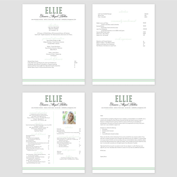 From top left (clockwise) 1st page of multi-page resume, 2nd page of multi-page resume, Single-page resume, Cover letter