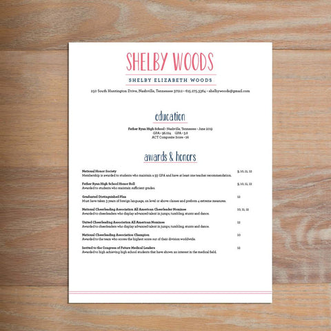 Simply Preppy social resume letterhead without formatting shown in Strawberry & Night