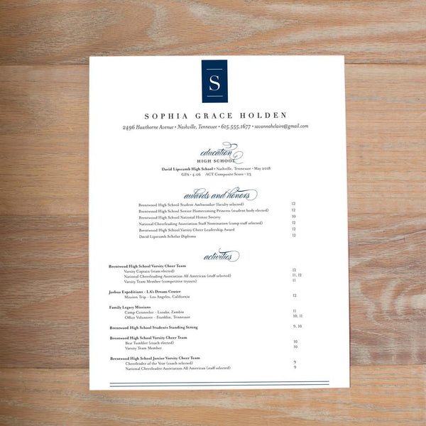 Chic Initial resume shown with full formatting