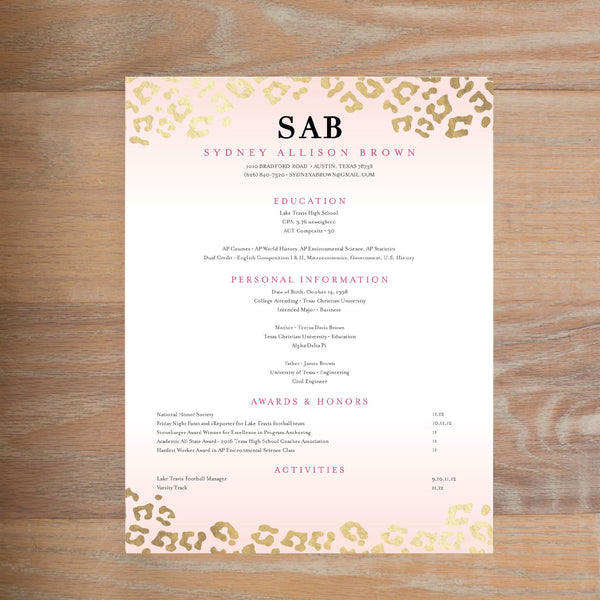Golden Leopard resume shown in Peony & Black with full formatting