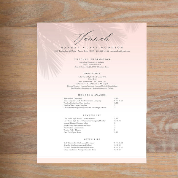 Palm Shadows social resume letterhead with full formatting