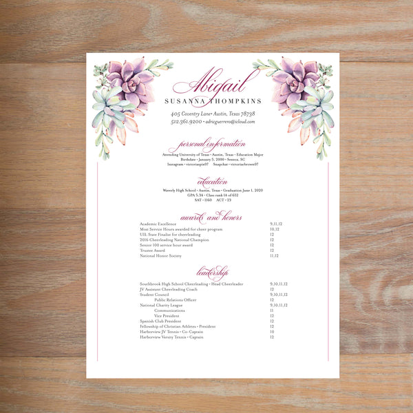 Soft Succulents resume shown with full formatting