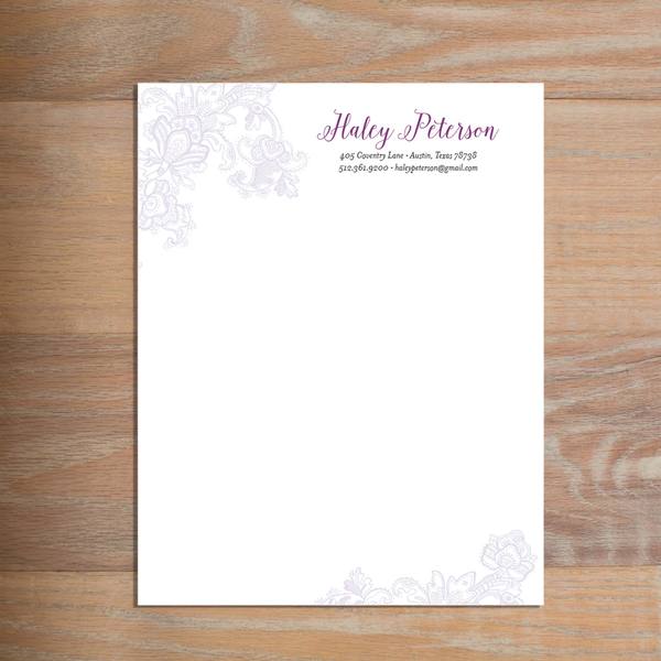 Delicate Lace social resume letterhead without formatting shown in Grape & Plum
