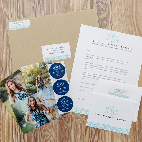 Lattice Monogram sorority packet shown with Kraft Paper presentation envelope