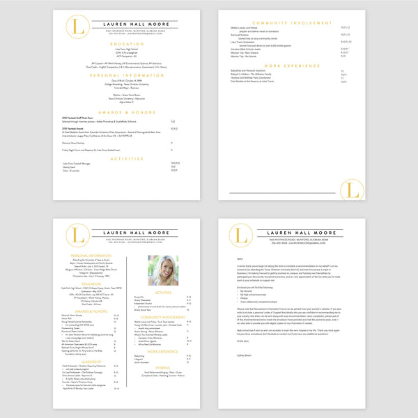 From top left (clockwise) 1st page of multi-page resume, 2nd page of multi-page resume, Single-page resume, Cover letter