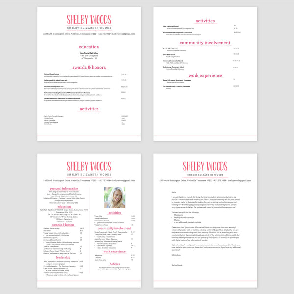From top left (clockwise) 1st page of multi-page resume, 2nd page of multi-page resume, Single-page resume, Cover letter