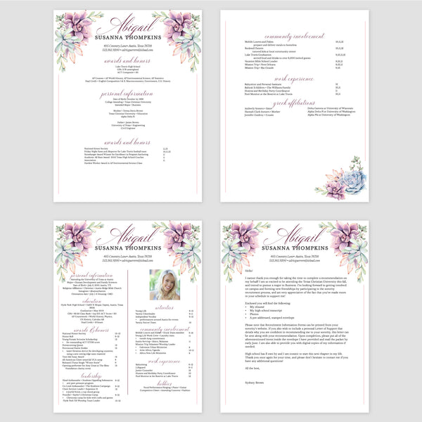 From top left (clockwise) 1st page of multi-page resume, 2nd page of multi-page resume, Single-page resume, Cover letter