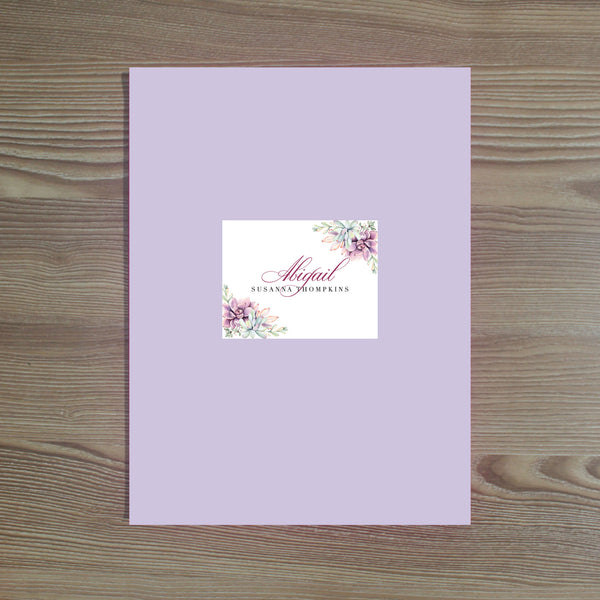 Soft Succulents folder sticker shown on Plum pocket folder