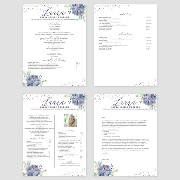 From top left (clockwise) 1st page of multi-page resume, 2nd page of multi-page resume, Single-page resume, Cover letter