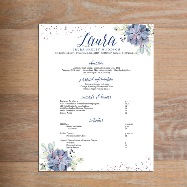 Succulent Garden resume shown with full formatting