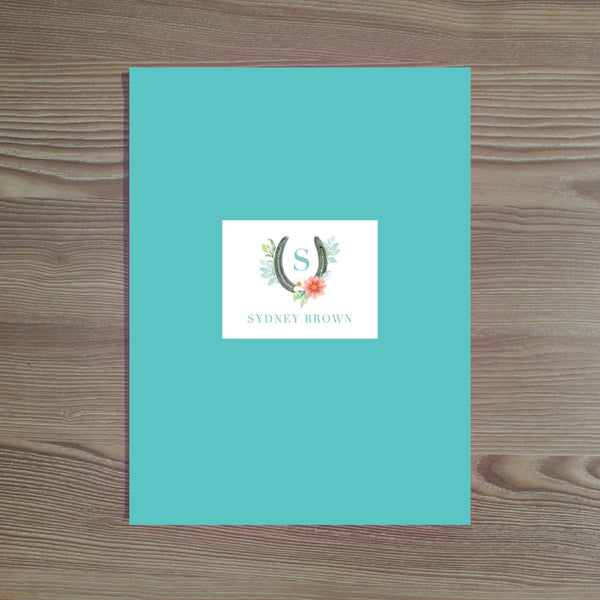 Sweet Horseshoe Personalized Folder Sticker shown in Pool