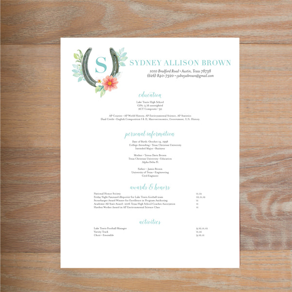 Sweet Horseshoe resume shown with full formatting