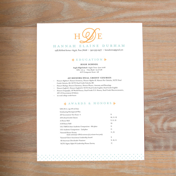 Sweet Monogram sorority resume shown with full formatting