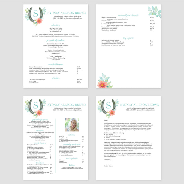 From top left (clockwise) 1st page of multi-page resume, 2nd page of multi-page resume, Single-page resume, Cover letter