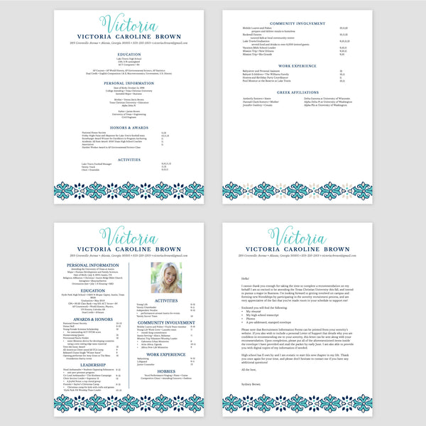 From top left (clockwise) 1st page of multi-page resume, 2nd page of multi-page resume, Single-page resume, Cover letter