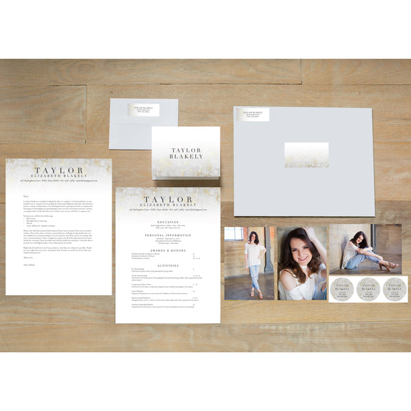 Golden Marble sorority packet shown with presentation envelope