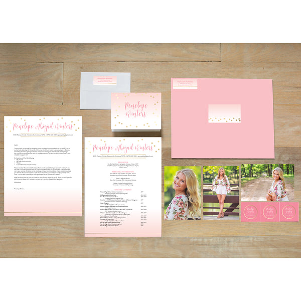Gradient Confetti sorority packet shown with Blossom presentation envelope