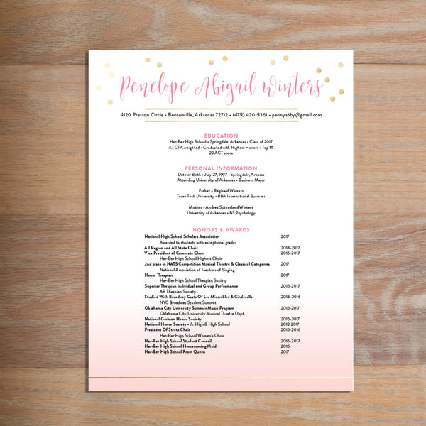 Gradient Confetti social resume letterhead with full formatting