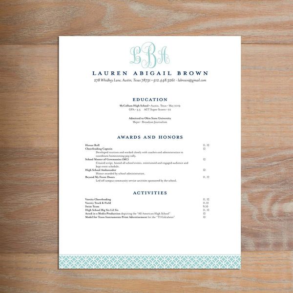 Lattice Monogram social resume letterhead with full formatting shown in Pool & Night
