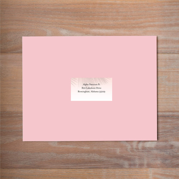 Palm Shadows mailing label shown on Blossom presentation envelope (not included in price but available as an add-on to your purchase)
