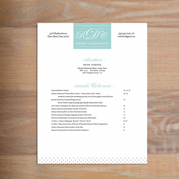 Monogram Block resume shown with full formatting