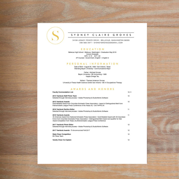 Simply Modern Initial resume shown with full formatting