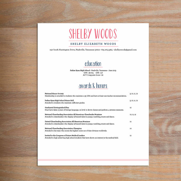 Simply Preppy sorority resume shown with full formatting
