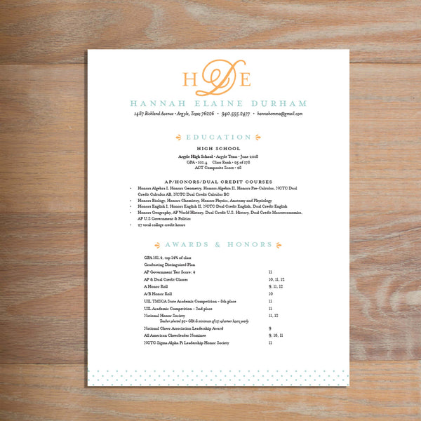 Sweet Monogram social resume letterhead with full formatting shown in Sorbet & Pool