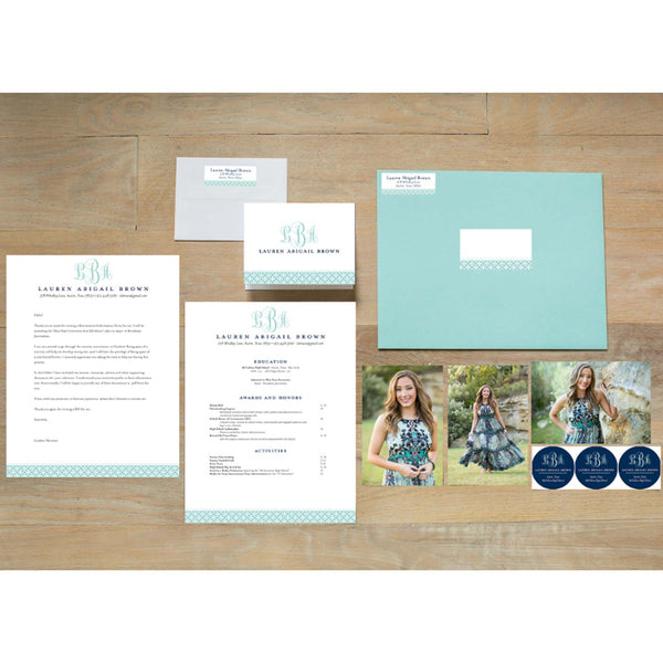 Lattice Monogram sorority packet shown with Pool presentation envelope