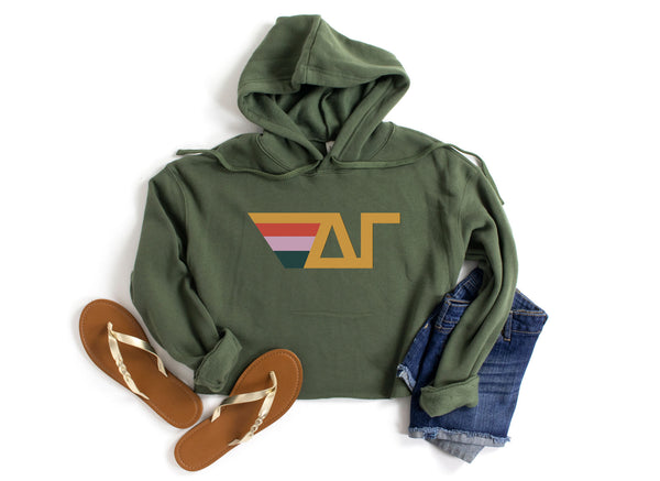 Curry Delta Gamma Military Green Retro Stripes Sorority Cropped Hoodie