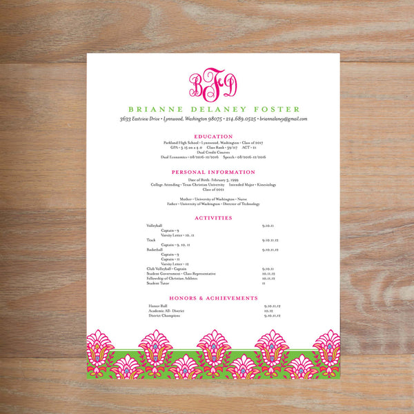 Bright Garden social resume letterhead with full formatting shown in Peony & Jungle