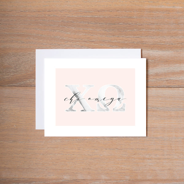 Chi Omega Sorority Note Cards in Marble and Blush