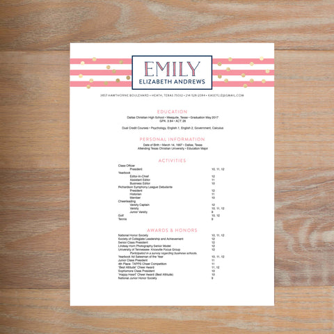 Confetti Stripes social resume letterhead without formatting shown in Night & Flamingo