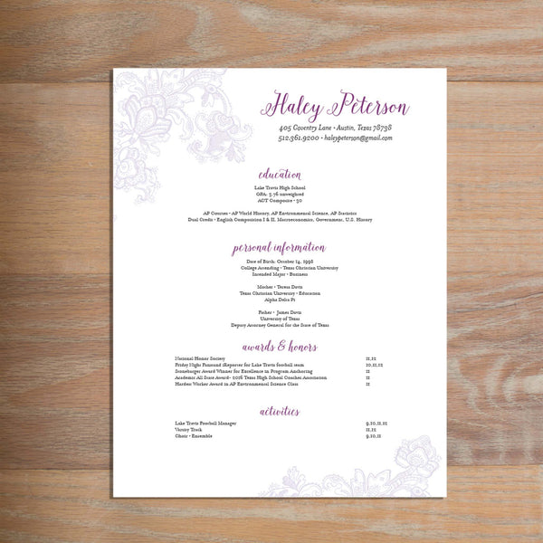 Delicate Lace resume shown with full formatting