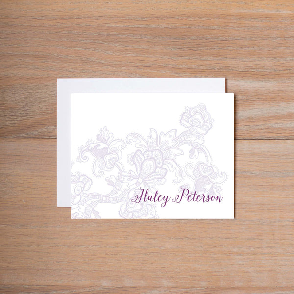 Delicate Lace Folded Note Card shown in Grape & Plum