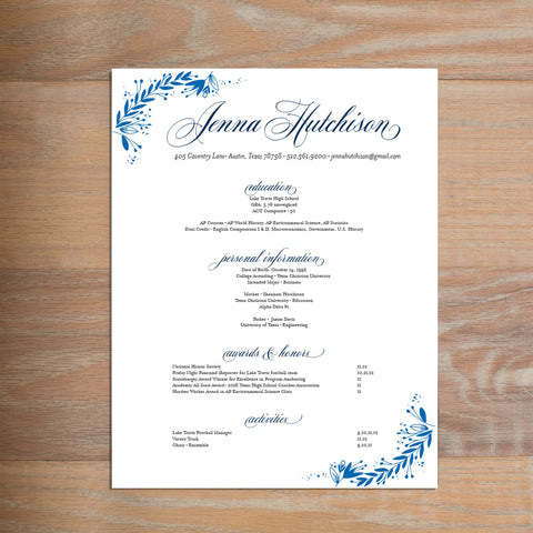 Garden Branches social resume letterhead without formatting shown in Cobalt