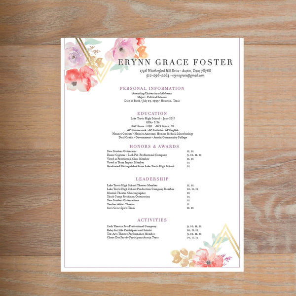 Geometric Bouquet resume shown with full formatting