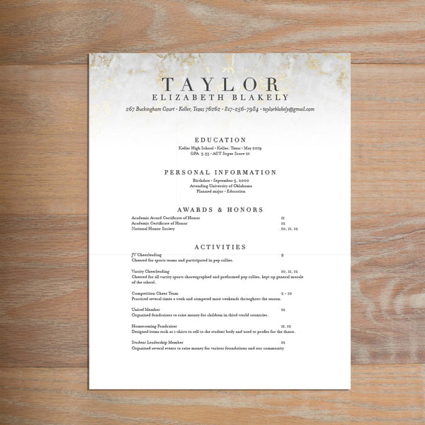 Golden Marble resume shown with full formatting