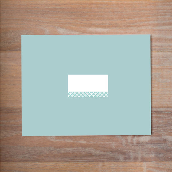 Lattice Monogram sorority packet mailing label shown in Pool on Pool presentation envelope