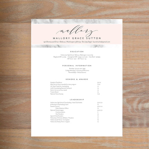 Marble Blush social resume letterhead without formatting shown in Black version 1
