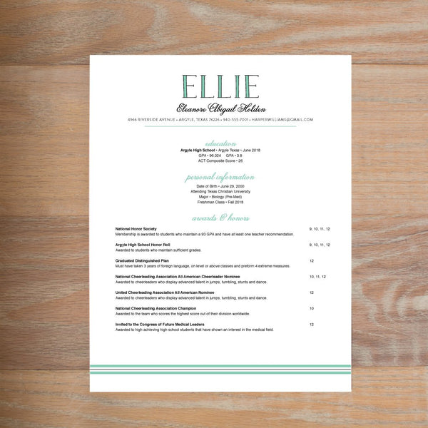 Preppy Name social resume letterhead with full formatting shown in Sea Glass & Pewter