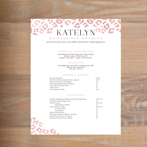 Cheetah Glimmer social resume letterhead with full formatting