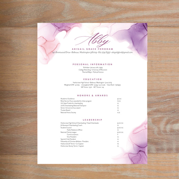 Lilac Wash social resume letterhead with full formatting