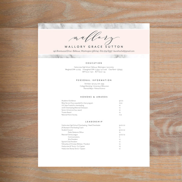 Marble Blush resume shown with full formatting